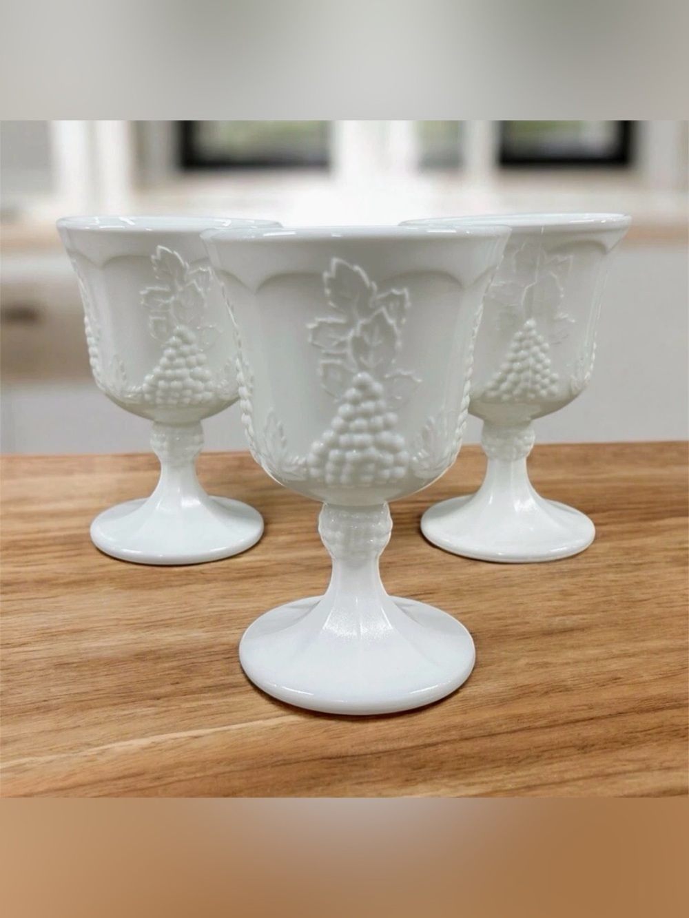 Indiana Glass Harvest Grape Milk Glass Goblets Set of 3 White Vintage
